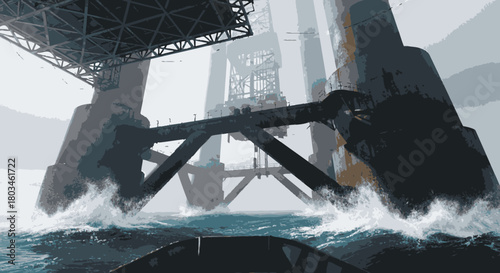 A colossal offshore structure withstands the powerful forces of the ocean, symbolizing the relentless pursuit of energy resources.