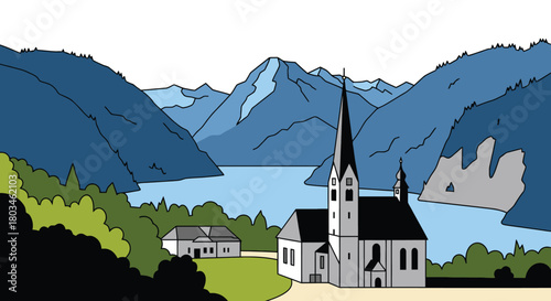 Peaceful alpine village scenery with church and mountains