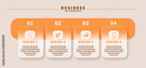 Modern business infographic template with 4 steps and icon elements. Ideal for process charts, presentations, workflow diagrams, banners, and information layouts.
