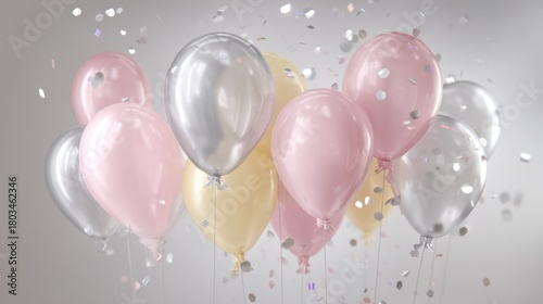 Delicate pastel balloons floating symmetrically shimmering silver confetti cascading softly subtle spotlight glow producing gentle seamless neutral background