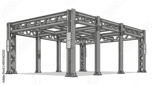 A grey steel beam structure with multiple vertical supports and crossbeams