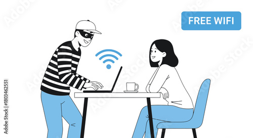Cybercrime theft danger concept hacker stealing data over free wifi

