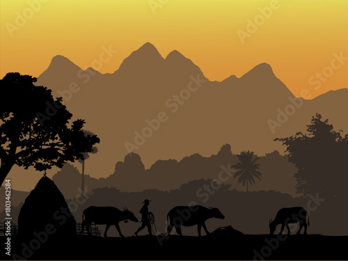 Farmer, Children, Rural life, Mountains, Silhouette, Traditional, Asian culture, Village scene, Farming, Agriculture, Countryside,