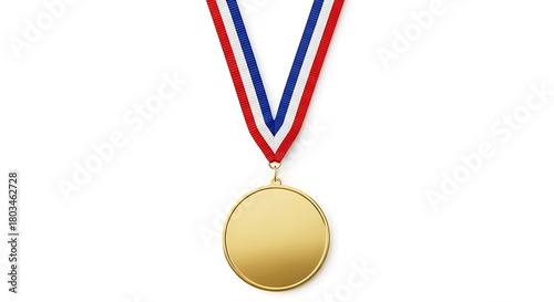 Golden medal with a red, white, and blue ribbon, representing achievement and victory in a competition