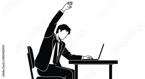 Man stretching at desk office worker exercise break laptop health
