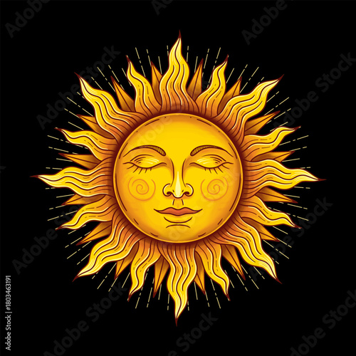 Beautiful sun face illustration on black background