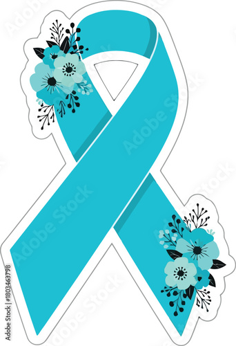 Teal awareness ribbon decorated with flowers. Sticker for ovarian cancer awareness causes. Teal ribbon with outline shape on transparent background.