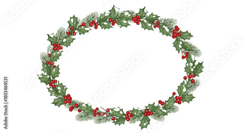 A festive oval wreath with green leaves, red berries, and a touch of snow, perfect for holiday decorations.
