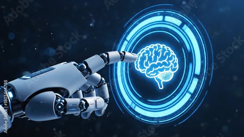 AI Robot Hand Taps Glowing Digital Brain Interface, Unlocking Future Technology and Intelligence
