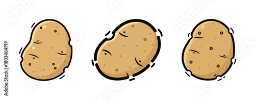 Set of Whole Brown Potatoes, Cute Cartoon Vector Illustration in a Hand-Drawn Doodle Style for Starchy Vegetables, Cooking, and Staple Food Concepts