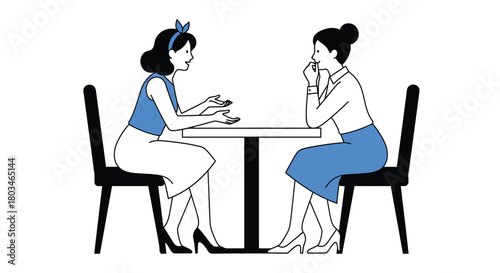 Illustration of two women talking at a table business meeting art