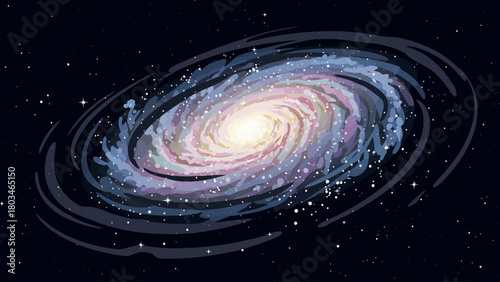 A pixel art spiral galaxy with a bright center and starry background