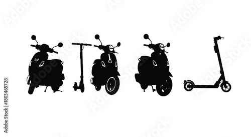 Four black scooters, representing urban transport