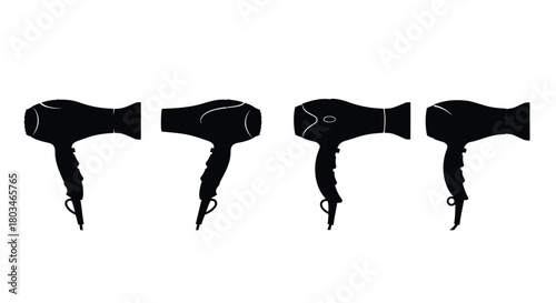 Four black hair dryers, representing beauty and care