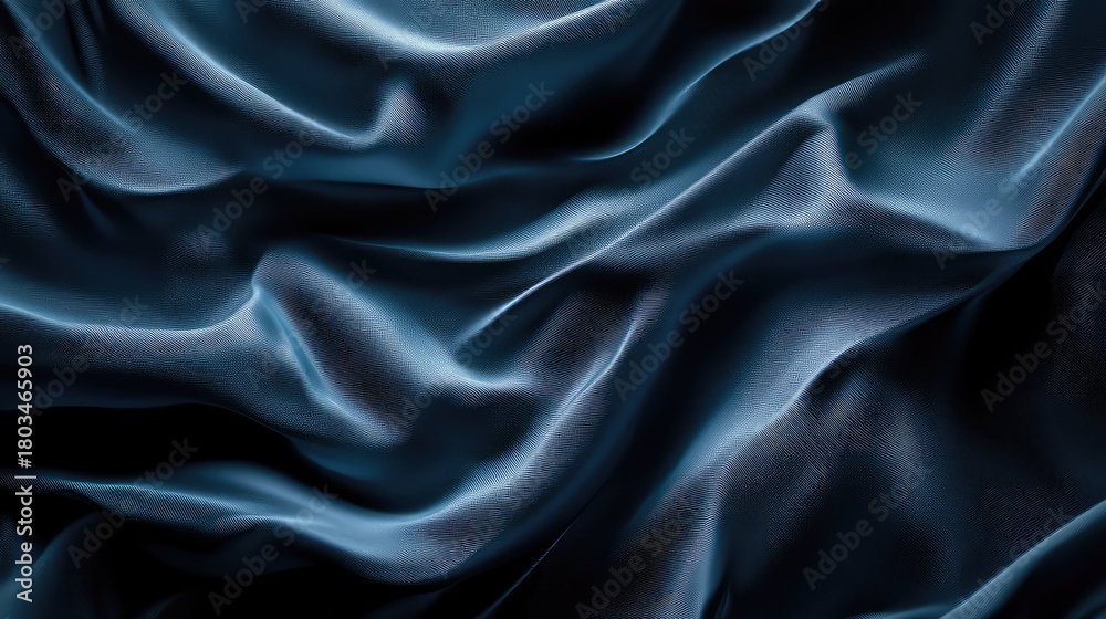 Fototapeta premium Dark blue wavy satin fabric showing luxury background