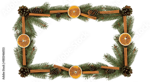 A festive Christmas frame made of fir branches, dried orange slices, cinnamon sticks, and pine cones on a white background.