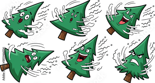 Cartoon trees with various expressions in windy conditions illustration editable vector format for creative use