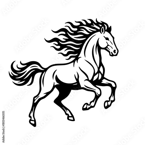 Black and white running horse with flowing mane illustration on white background, dynamic equestrian design