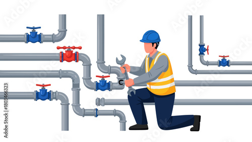 A plumber works on a complex network of pipes