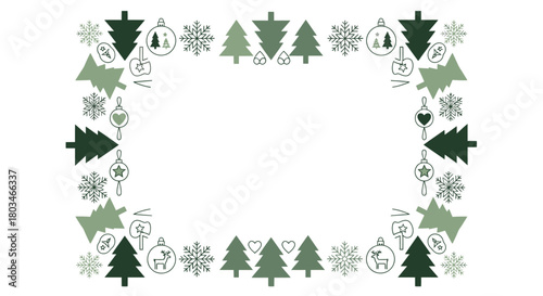 Minimalist holiday border with green fir trees and snowflake icons on a white background.