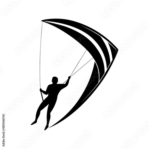Kite Surfing With Kite Silhouette Dynamic Motion Minimal Black Fill White Background Only