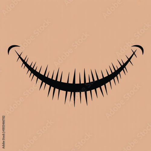 Creepy stitched smile with curved ends on peach background