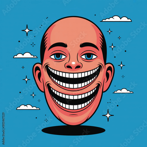 Man with multiple wide grins on blue background head