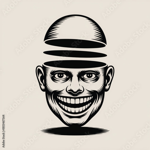 Man with Sliced Open Head and Wide Grinning Face Keywords: head, open, sliced, face, grinning