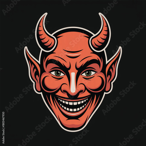 Red Devil Face with Horns and Evil Grin Keywords: devil, demon, evil, face, head, horns, red