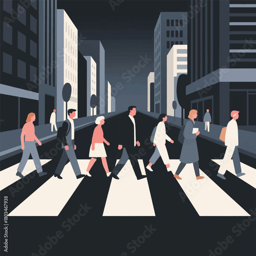 People Walking Casually on the City Zebra Crossing Illustrator Artwork Banner Background Design Template 