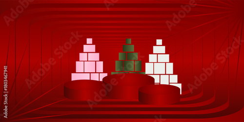 Geometric Christmas Trees on Red Podium Background Illustration