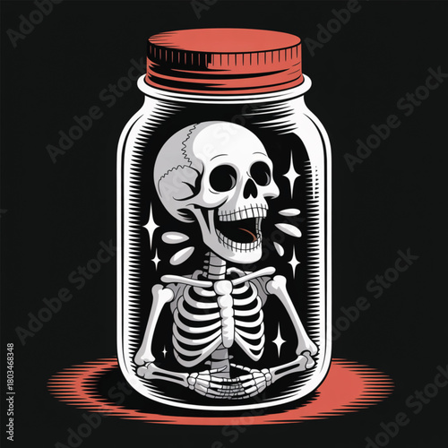 Skeleton in a jar with red lid on black background