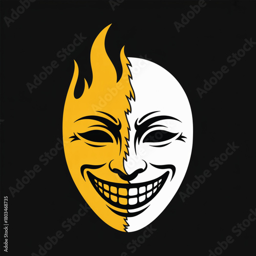 Split Face Mask With Flames On Black Background half
