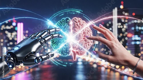 Futuristic AI Brain Interface: Human and Robotic Hands Connect Digital and Organic Minds in Dynamic Cityscape