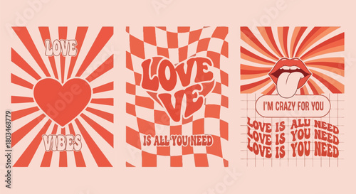 Retro valentines day cards love vibes and crazy for you designs set