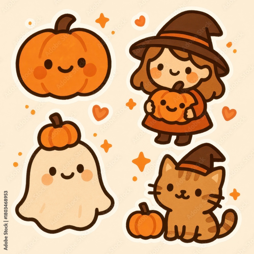 Fototapeta premium Cute Halloween sticker characters showing closeness and unity playful design with friendly faces cozy colors and crisp die cut contours perfect for seasonal crafts and merch