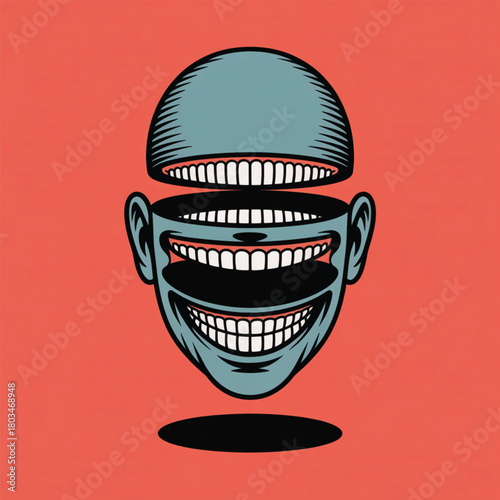 Surreal head with layered mouths on coral background