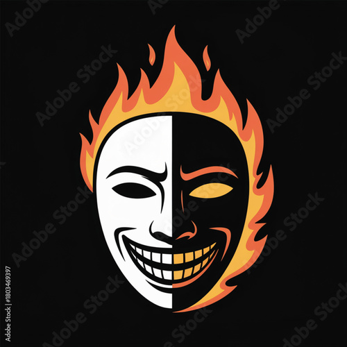 White and Black Mask With Orange Flames face split