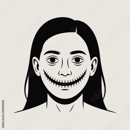 Woman with stitched mouth and wide eyes illustration