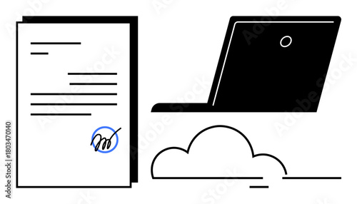 Signed paper document beside a laptop over a cloud graphic. Ideal for remote work, digital contracts, e-signature, cloud computing, business solutions, workflow automation, simple flat metaphor