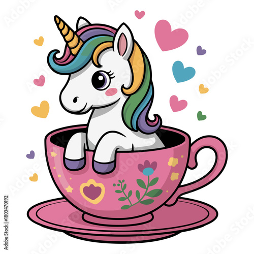 A charming unicorn enjoying a moment of leisure while sitting in a delicate teacup with love hearts. The Unicorn features a colorful mane and a single, graceful horn.