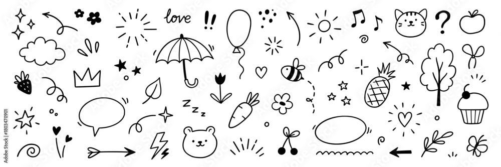 Naklejka premium Line cute element set. Hand drawn scribble heart, arrow, flower and star elements for a cute line simple background. Doodle sketch heart, star, cloud sticker shapes. Vector illustration
