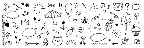 Line cute element set. Hand drawn scribble heart, arrow, flower and star elements for a cute line simple background. Doodle sketch heart, star, cloud sticker shapes. Vector illustration