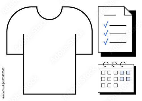 T-shirt alongside checklist and calendar signifying task management, scheduling, event planning, productivity, goal setting, personal organization, business workflow. Ideal for teamwork and simple