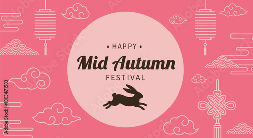 Celebrate mid autumn festival with lanterns clouds and cute rabbit