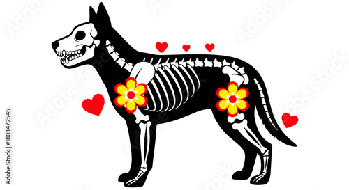 Day of the dead dog skeleton with flowers and hearts illustration