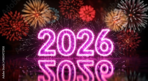 Bright neon pink 2026 number glowing against a dark sky with colorful fireworks display