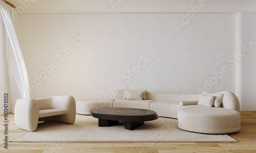 The moderrn living room and cozy sofa mock upand empty white wall background. 3d rendering