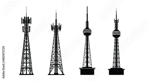 Four communication towers silhouettes in vector format