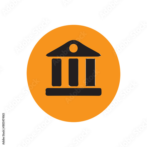 Icon of a classical building with columns, in an orange circle, symbolizing finance, law, government, or education